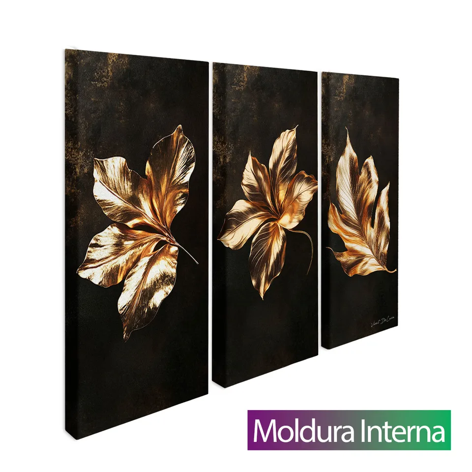 Quadro Harmonia de Folhas Douradas 3 Peças — Moldura Interna, Médio 93x62