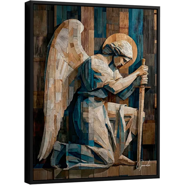 quadro sao miguel amadeirado — arcanjo ajoelhado com espada e halo dourado em madeira talhada — arte do artista Gonzalez
