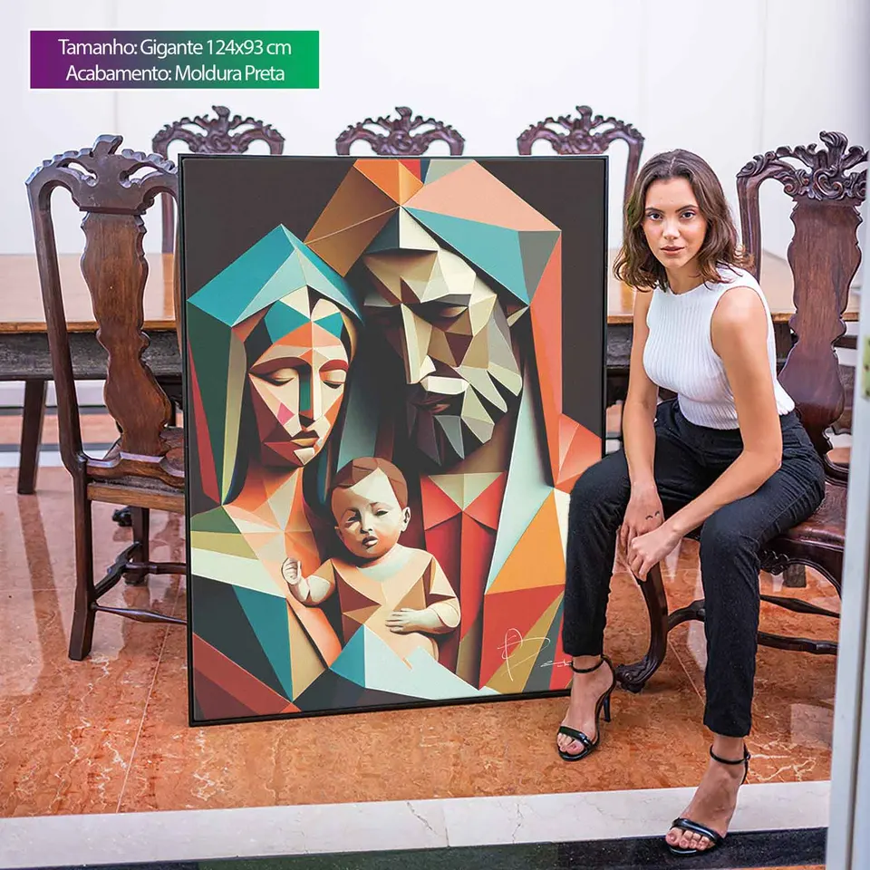 Quadro decorativo Família Divina Geométrica modelo sentada na cadeira ao lado