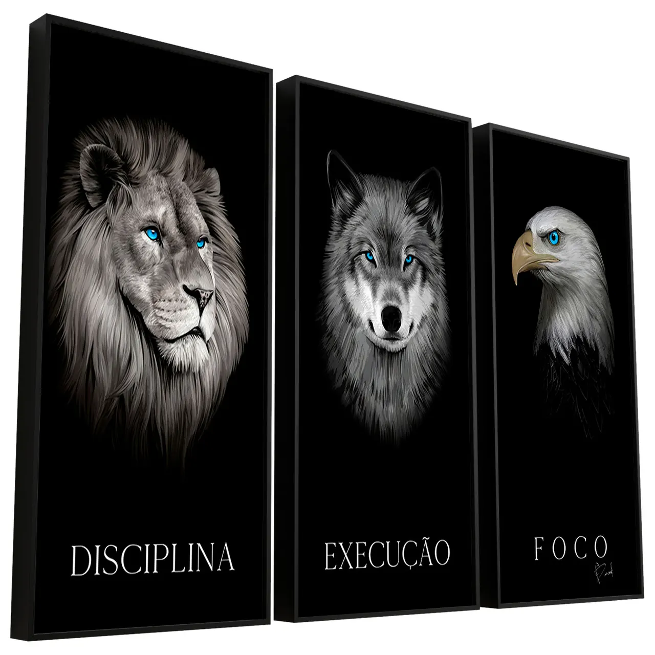 Quadro Disciplina, Execução e Foco 3 peças, tríptico em preto e branco com leão, lobo e águia