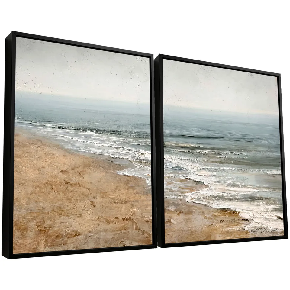 quadro recanto litoral 2 peças — mar encontrando areia em tons azuis e brancos — arte do artista Vicent de Lucca
