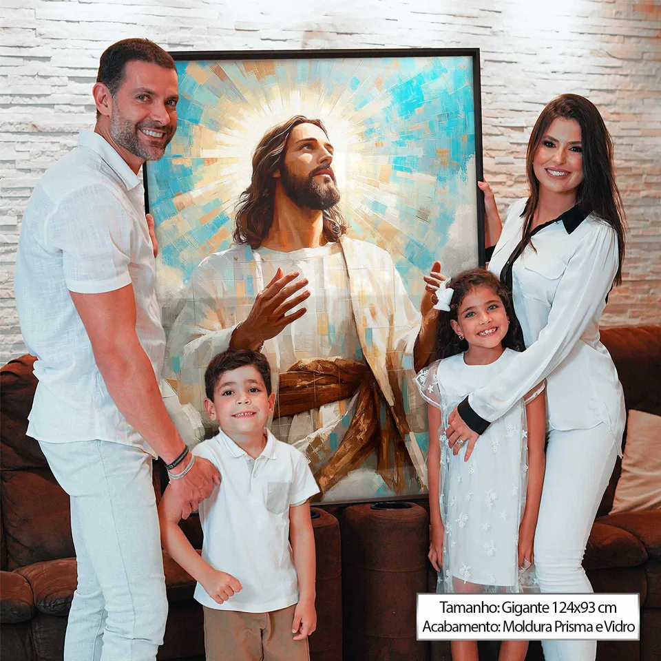 Quadro Jesus é a Luz Grid Art com família ao lado
