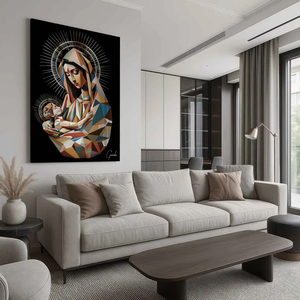 quadro amor sagrado geométrico — sala bege contemporânea ambiente minimalista neutro