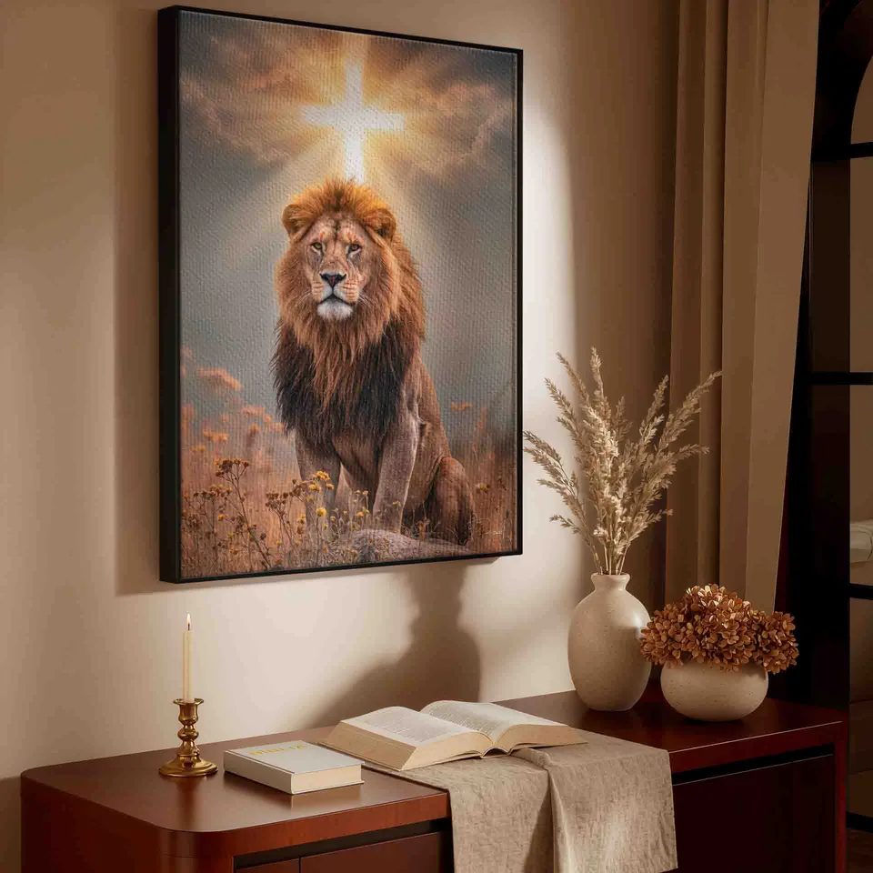 Quadro A Luz da Realeza com moldura preta em um canto de oração