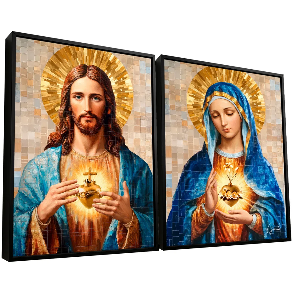 quadro amor de jesus e maria 2 peças — díptico sagrado ouro e tons suaves — arte do artista Gonzalez