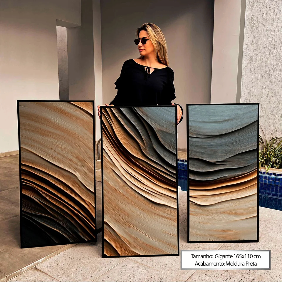 Quadro Abstrato Correnteza Amadeirada 3 Peças no chão com modelo