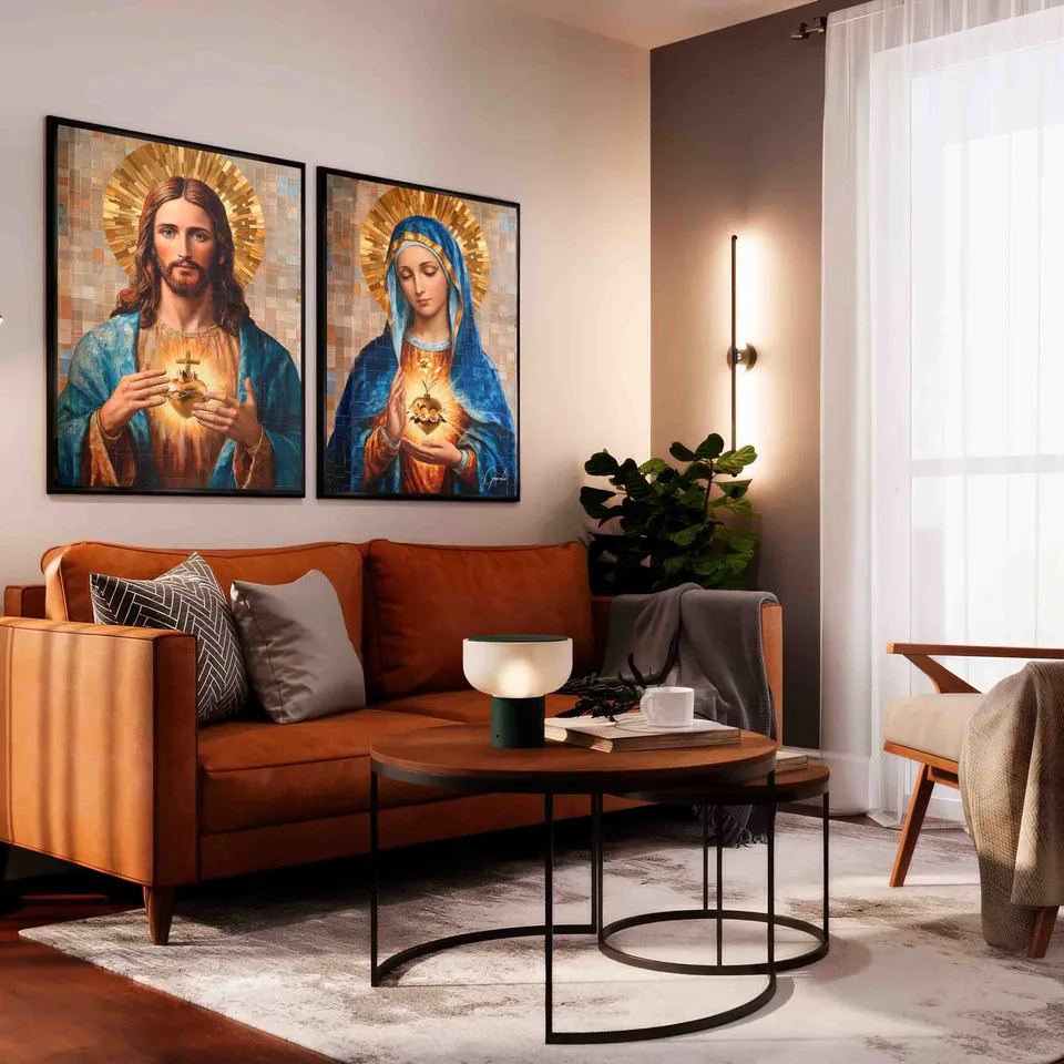 quadro amor de jesus e maria 2 peças — moldura prisma sala retrô elegância