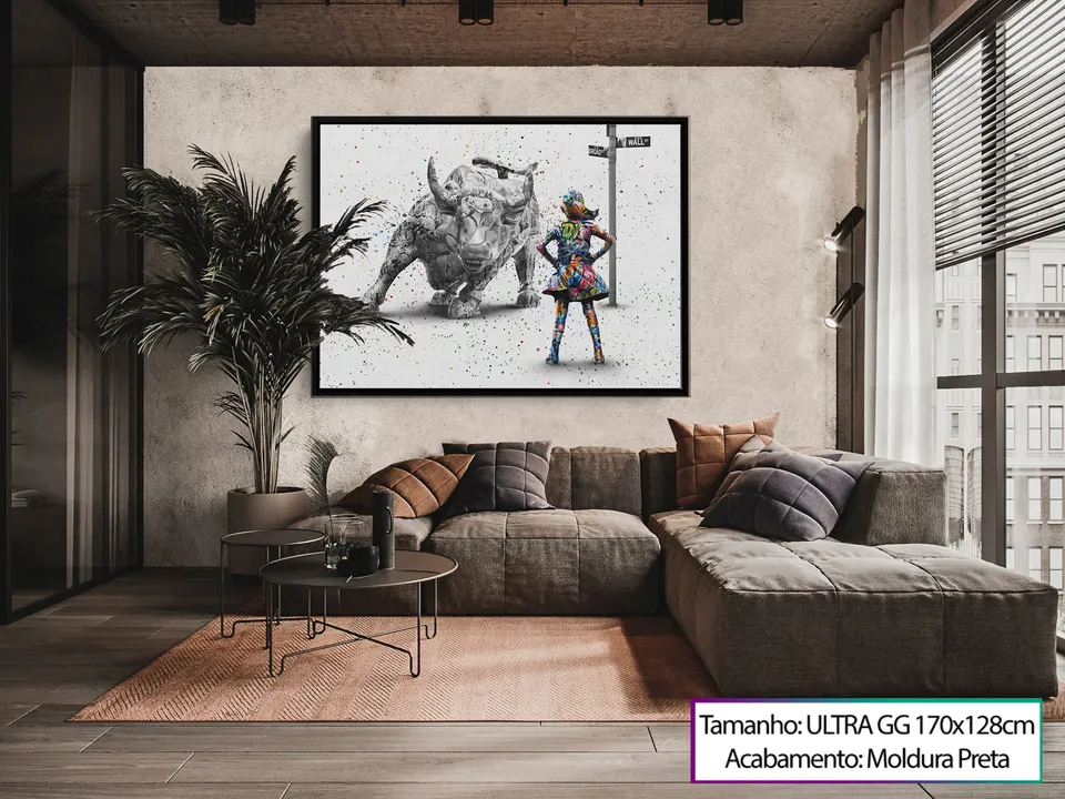 Quadro decorativo com touro de Wall Street e menina olhando para ele. Menina destemida grafite craig