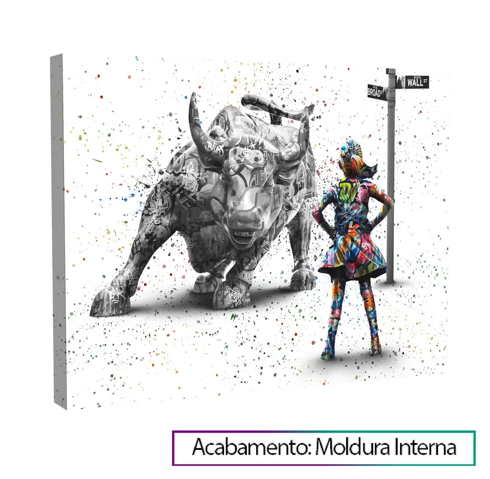 Quadro decorativo com touro de Wall Street e menina olhando para ele. Menina destemida grafite craig