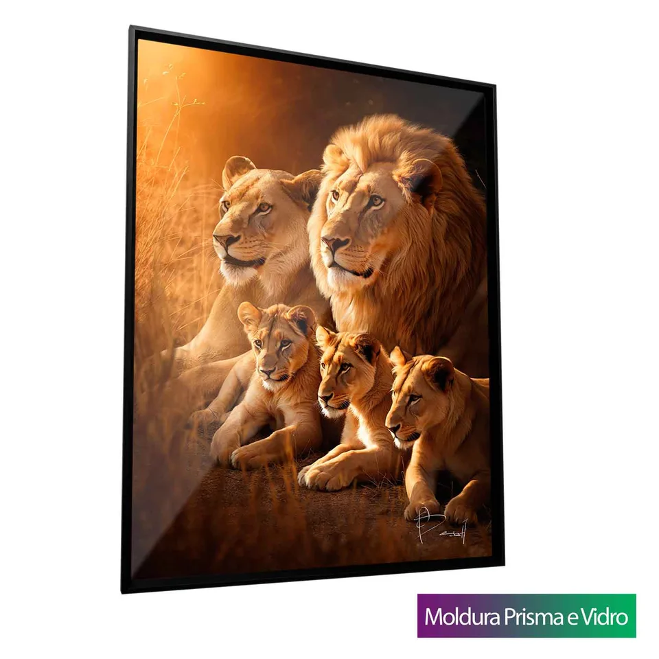 Quadro Família de Leões - 3 Filhotes com moldura Prisma e vidro