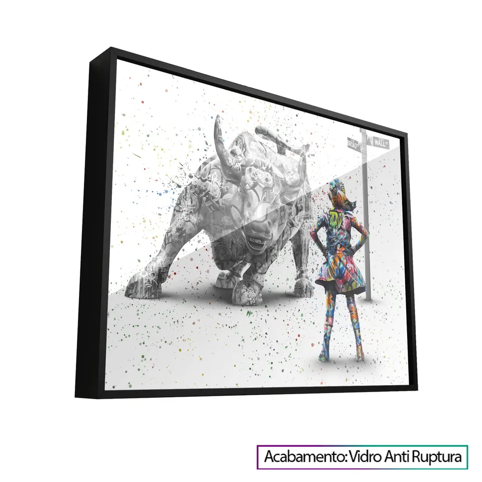 Quadro decorativo com touro de Wall Street e menina olhando para ele. Menina destemida grafite craig