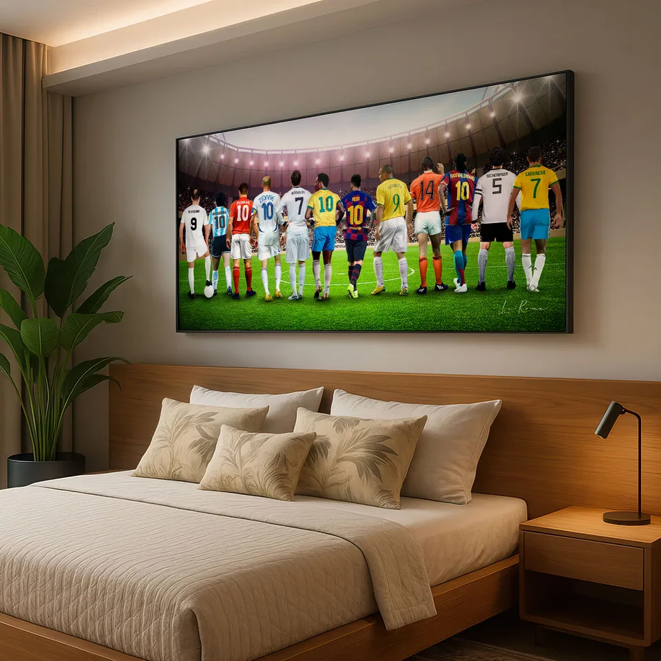 Quadro As Lendas do Futebol com moldura preta no quarto