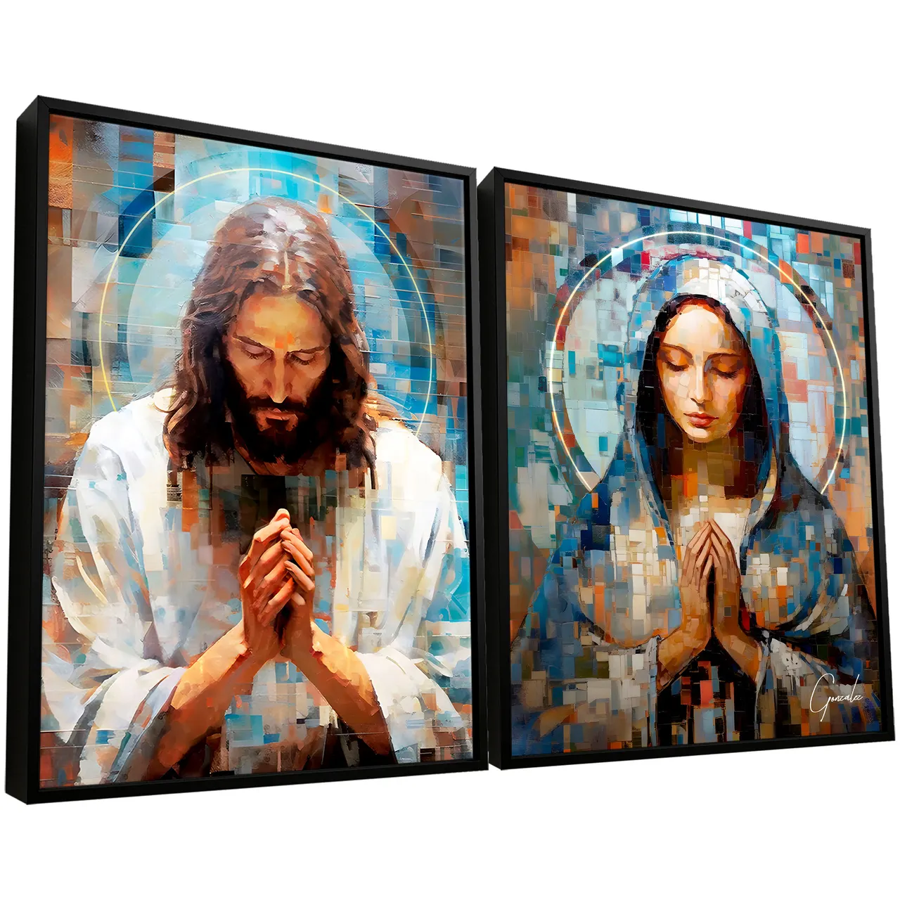 Quadro Jesus e Maria Grid Art 2 peças, díptico geométrico de Gonzalez em tons de azul