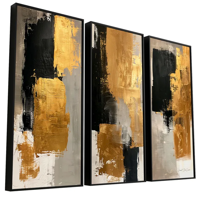 Quadro Abstrato Contrastes de Ouro 3 Peças - Quadros Abstratos | QuadrosDecorativos.com