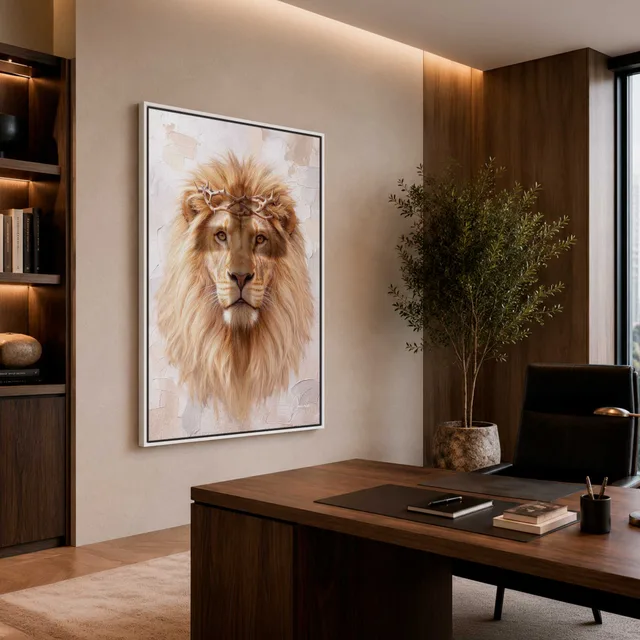 Quadro Leão de Judá Cream Art em escritório com mesa de madeira