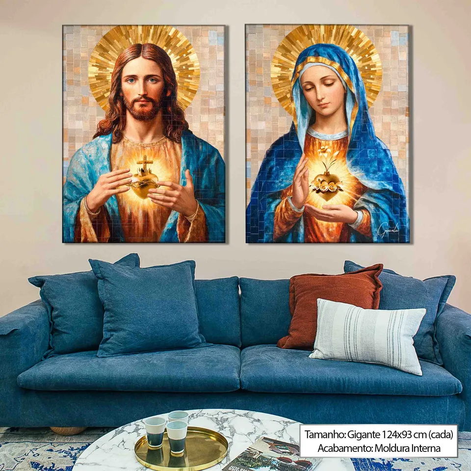 quadro amor de jesus e maria 2 peças — sofá azul ambiente azul e branco sagrado