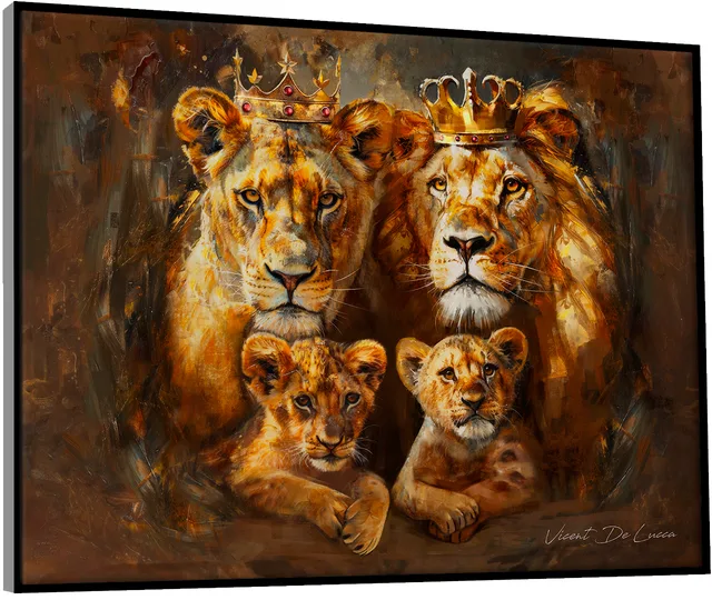Quadro Família de Leões Imperiais. Pintura realista retratando um leao e leoa com seus filhote