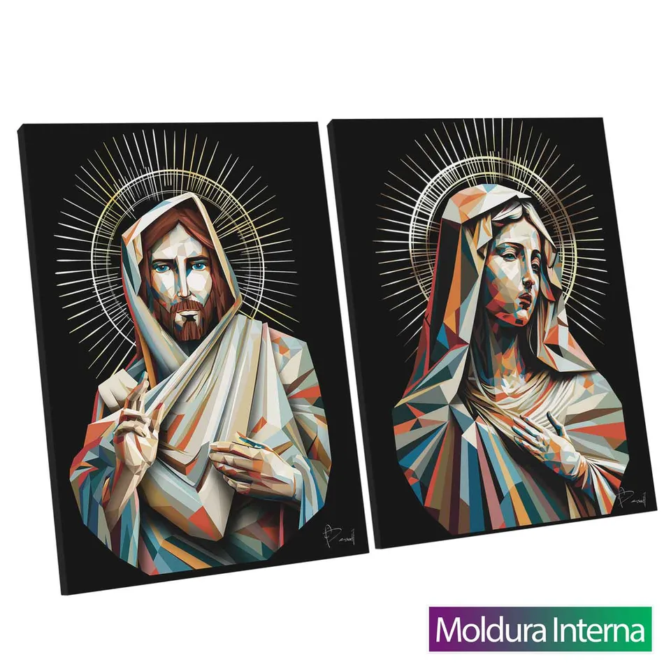 Quadro Jesus e Maria Geométricos 2 Peças com moldura interna