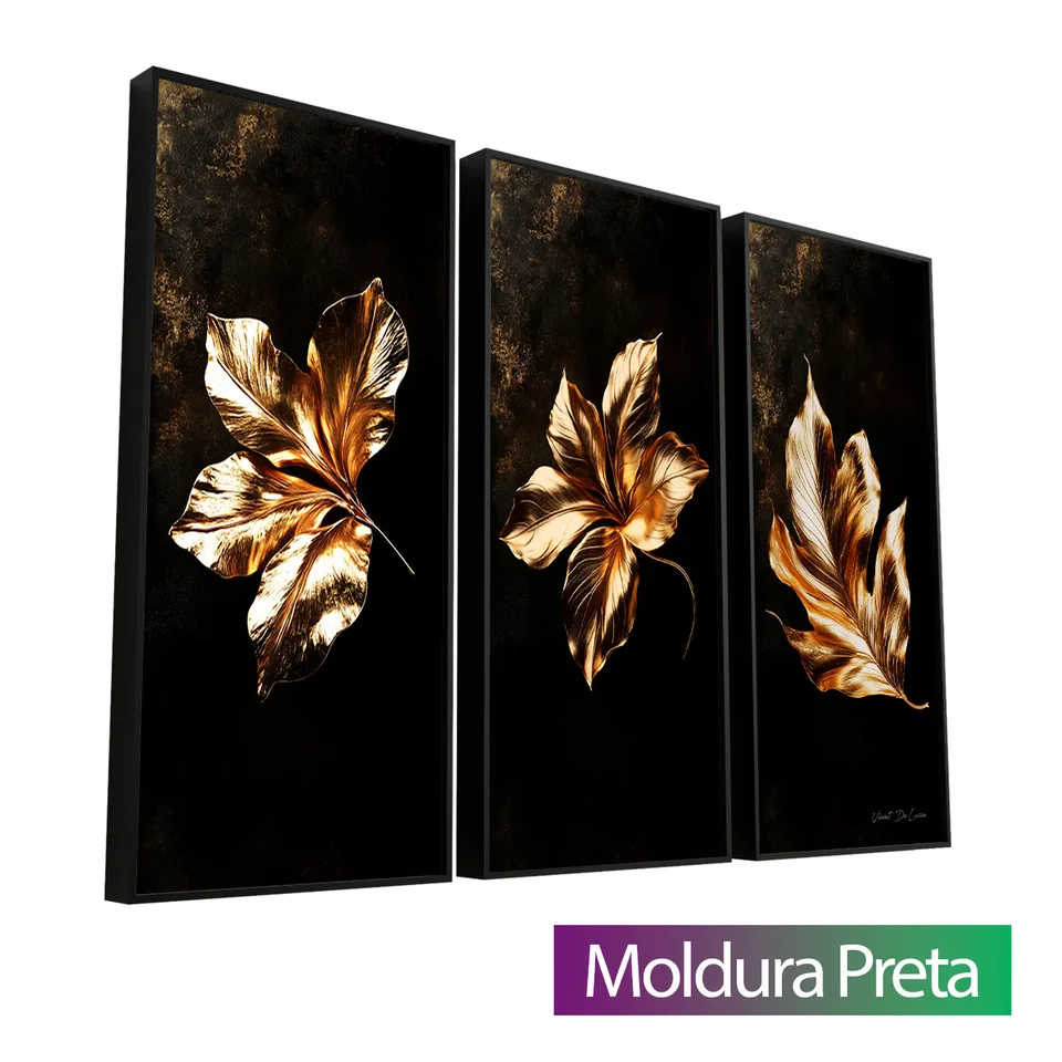 7020 Quadro Harmonia de Folhas Douradas 3 Peças (9)