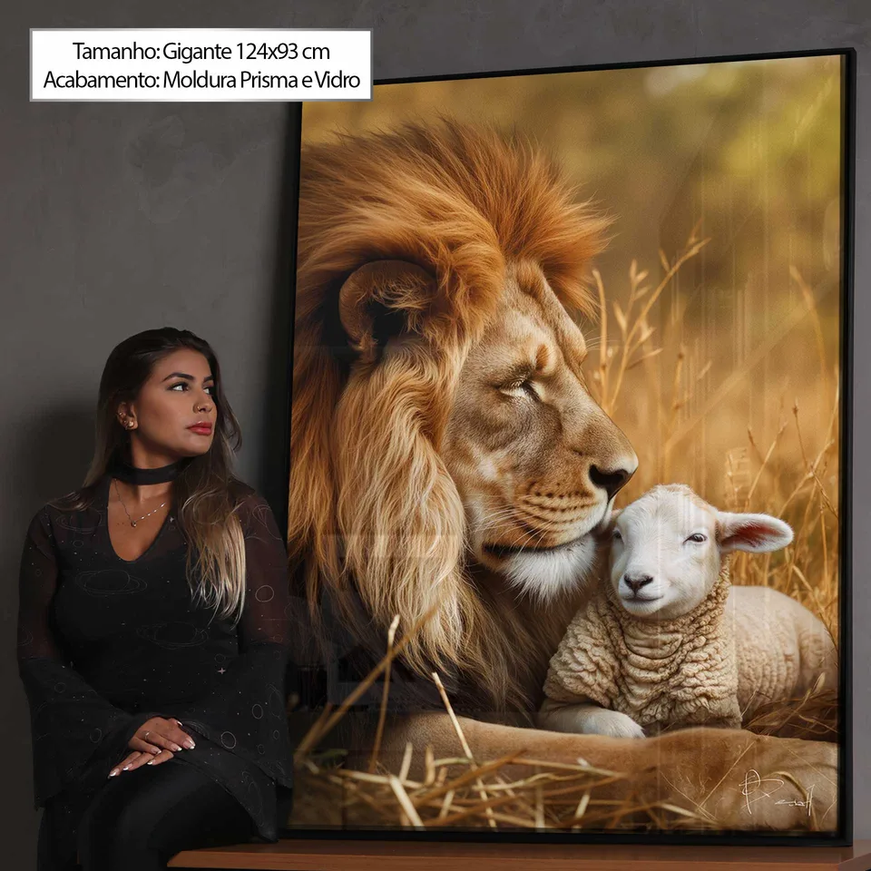 Quadro Leão Protetor do Cordeiro com Ju ao lado