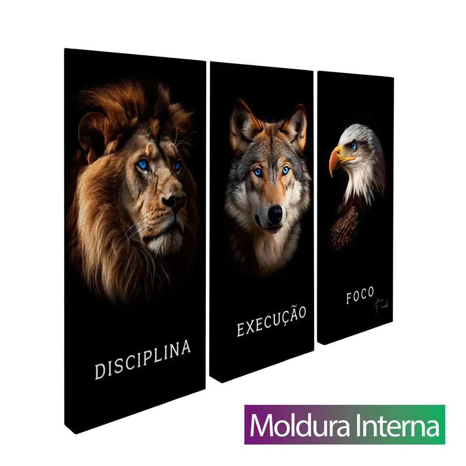 Quadro Disciplina, Execução e Foco Realista 3 Peças — Moldura Interna, Médio 93x62