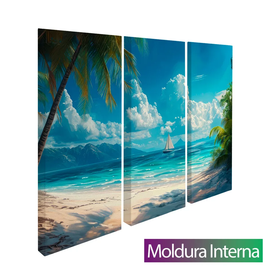 Quadro Praia Paradisíaca 3 Peças — Moldura Interna, Médio 93x62