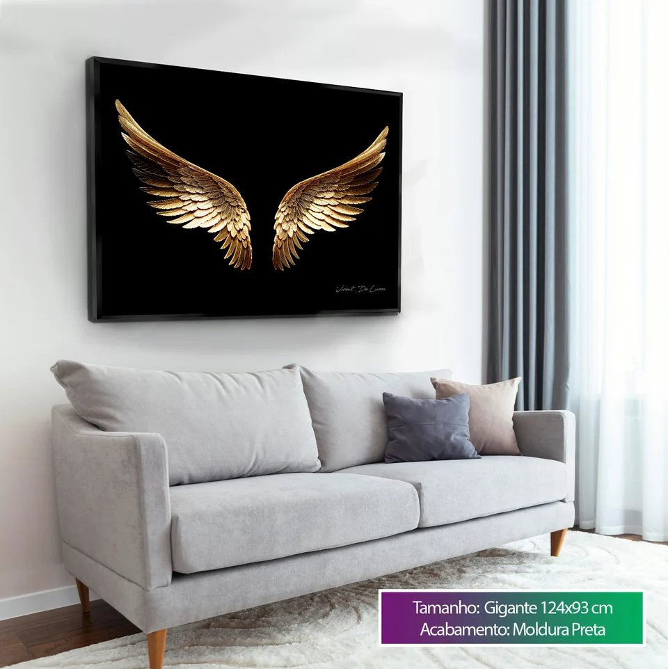 Quadro Asas Douradas tamanho gigante em sala de estar