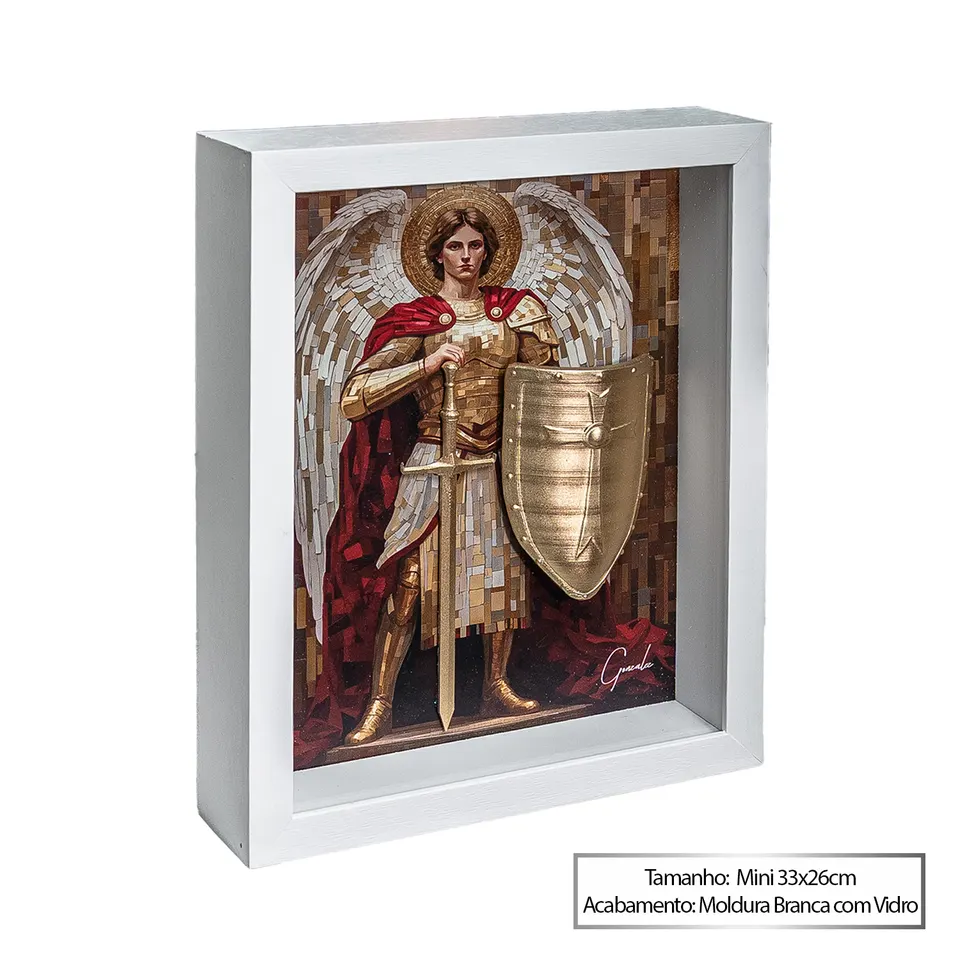 São Miguel Arcanjo Protetor — Moldura Branca com Vidro, Mini 33x26cm