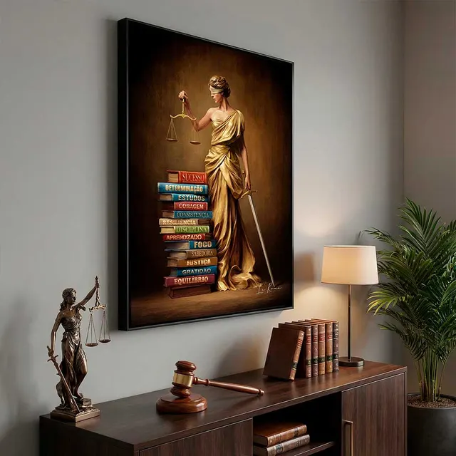 Quadro da Deusa da Justiça acima de mesa com martelo de juiz e estatueta de Têmis
