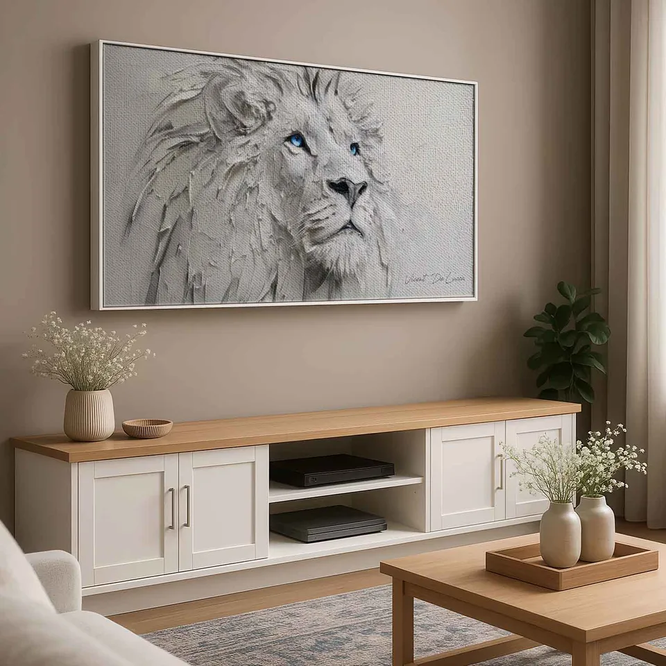 leao branco realeza moldura branca — integração em sala clean boho chic por Vicent de Lucca