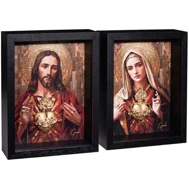 sagrados coracoes jesus maria — retrato dualidade sagrado coração com aurealidade e ouro manualmente aplicado — arte do artista Gonzalez