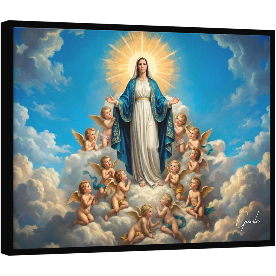 quadro maria imaculada — figura sagrada em composição celestial com luz radiante — arte do artista Gonzalez