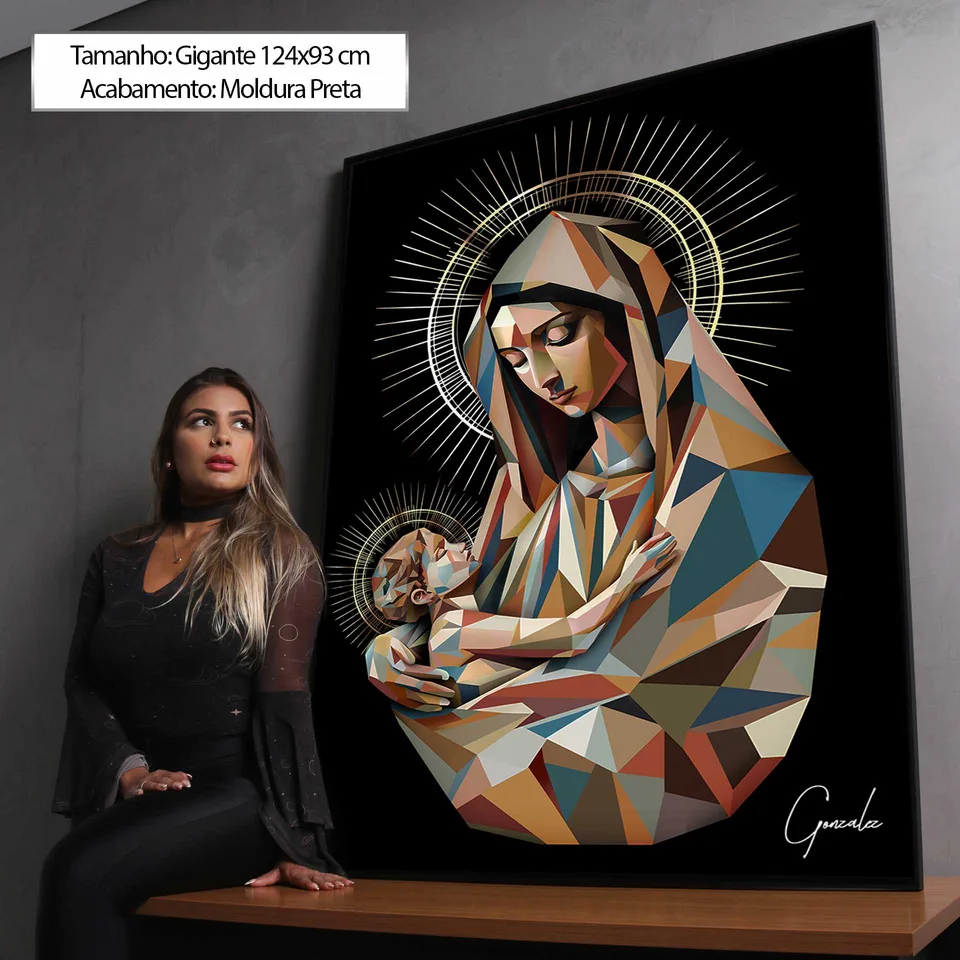quadro amor sagrado geométrico — composição com maternidade divina e simbolismo religioso