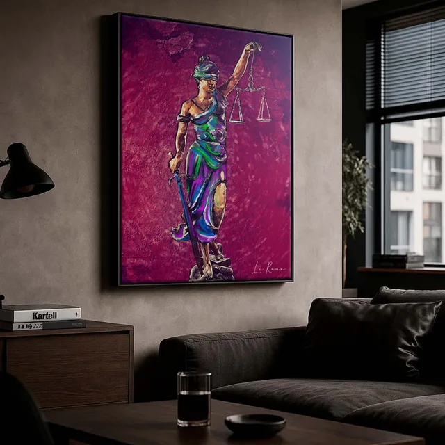 Quadro Deusa Themis magenta em escritório de parede escura
