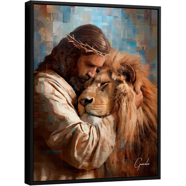 Quadro O Abraço de Jesus e o Leão Grid Art - Quadros Leão de Judá | QuadrosDecorativos.com