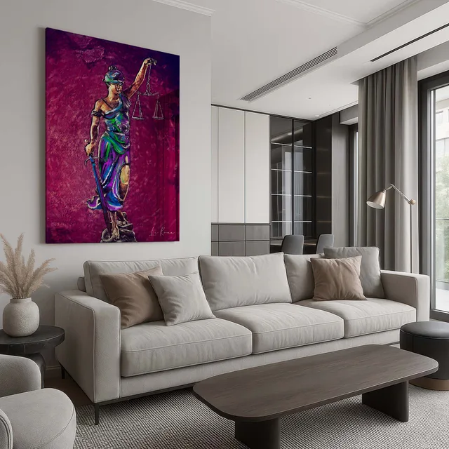 Quadro Deusa Themis magenta em sala de estar clara