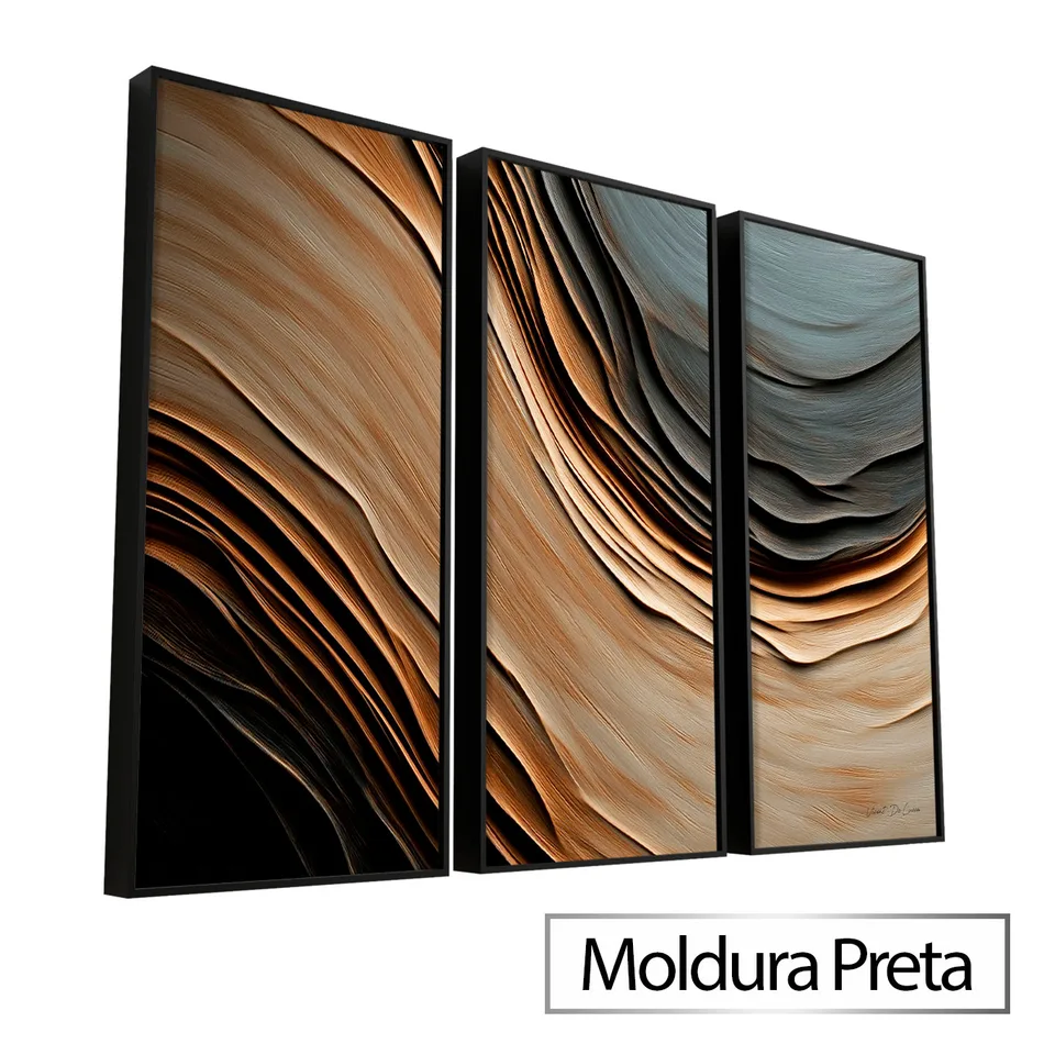 Quadro Abstrato Correnteza Amadeirada 3 Peças com moldura preta