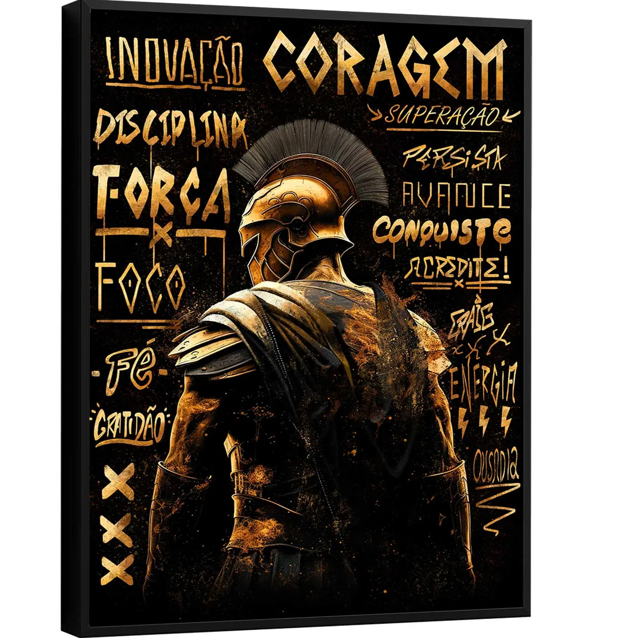 Quadro Espartano Dourado, de CRAIG, guerreiro de armadura dourada cercado de palavras em grafite