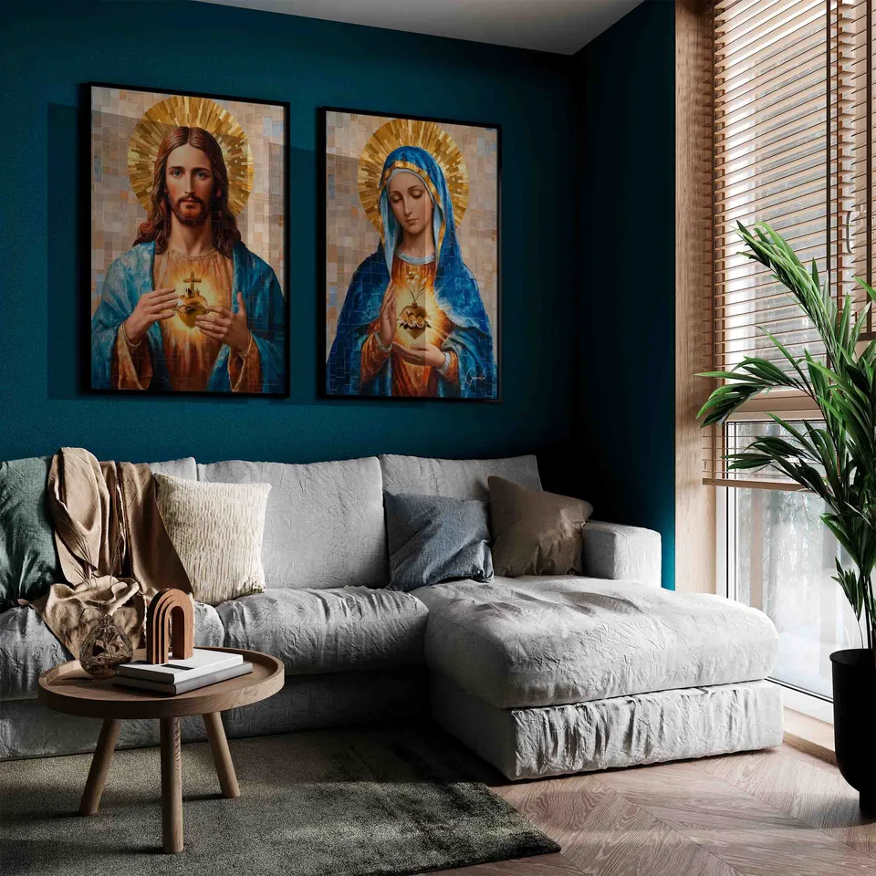 quadro amor de jesus e maria 2 peças — composição completa sala verde ambiente contemplativo
