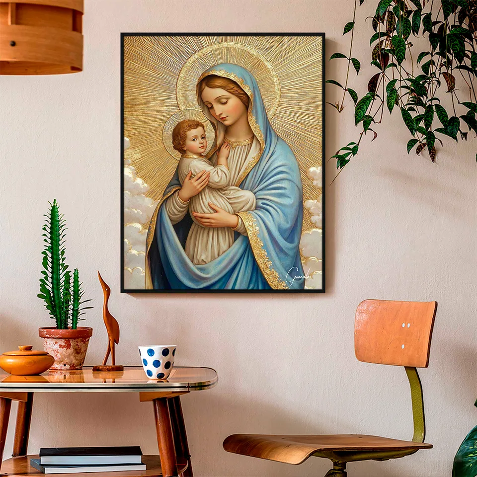 Quadro O Amor Materno de Maria acima da mesa com tons terrosos