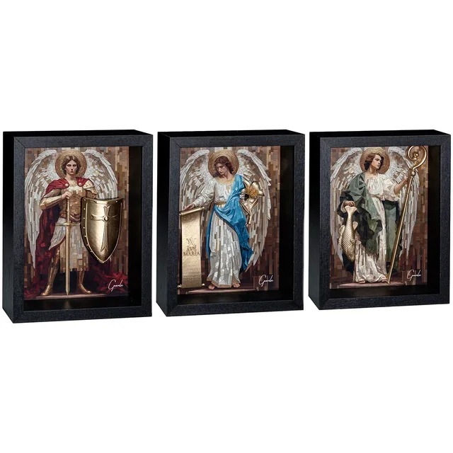 quadro arcanjos celestiais — composição 3D com São Miguel, Gabriel e Rafael em tons dourados — arte do artista Gonzalez