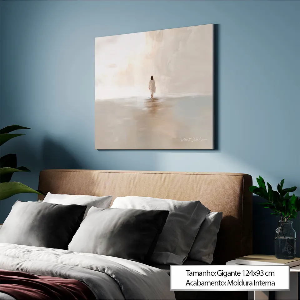 Quadro Jesus Sobre as Águas - Coleção Minimalista em quarto azul acima da cama