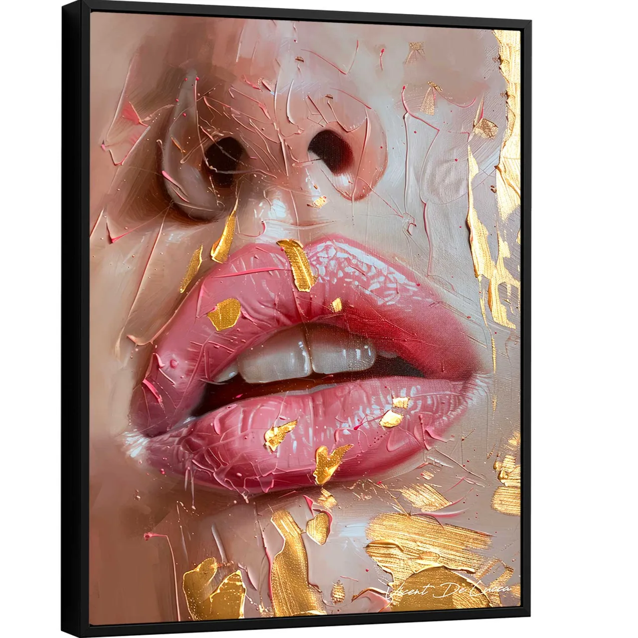 Quadro Encanto Rosé, lábios em tom rosé com respingos dourados