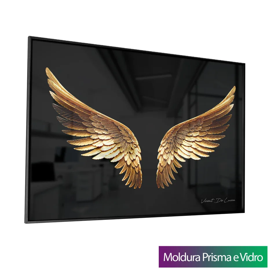 Quadro Asas Douradas fundo branco com Prisma e Vidro