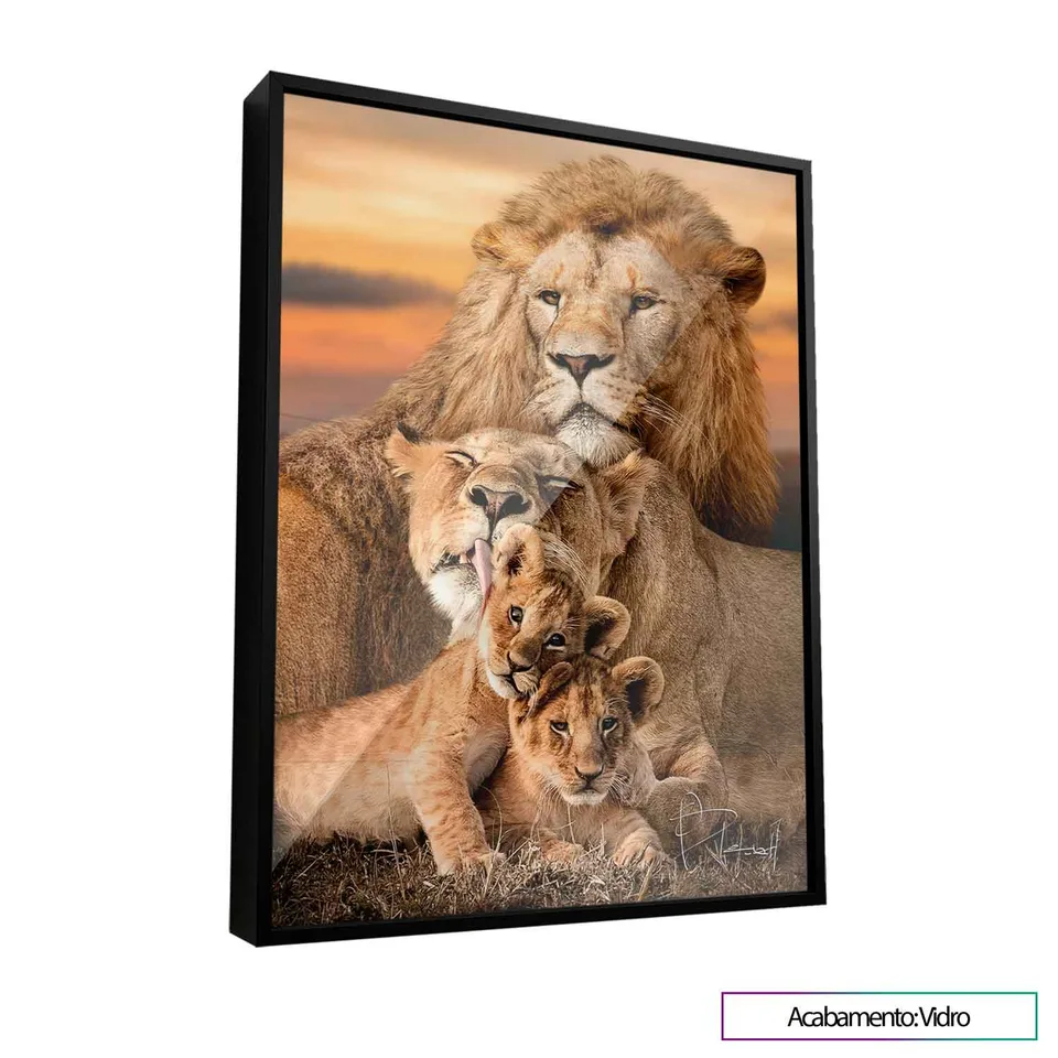 Família de leões safari [Mostruário] - Gigante Moldura Preta com Vidro - Sem categoria | QuadrosDecorativos.com