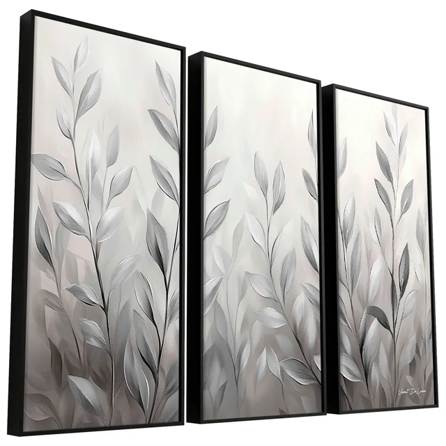 Quadro Abstrato Folhas de Prata 3 Peças, Quadro de folhas brancas e prateadas em fundo claro, moldura preta, quadro de folhas prateadas