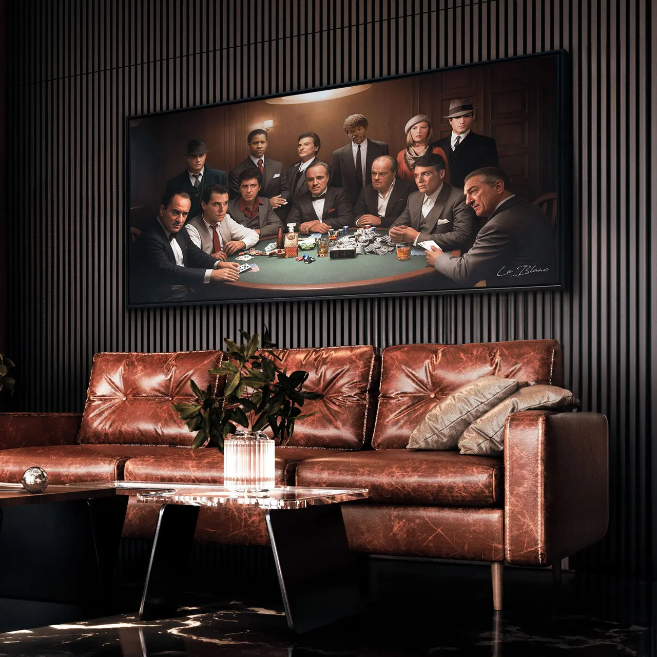 Quadro Clube dos Gangsters, de Le Blanc, em formato panorâmico acima de sofá de couro