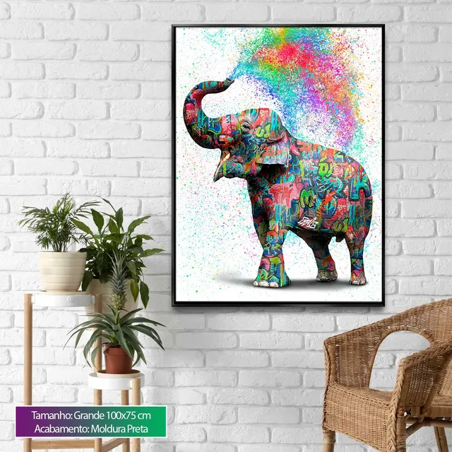 Elefante Colorido em parede de tijolo branco