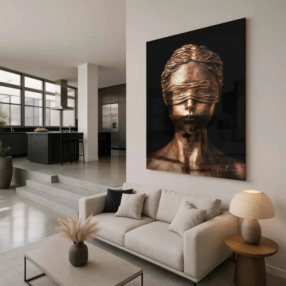 quadro rosto deusa da justiça cozinha americana — contexto decorativo ambiente moderno