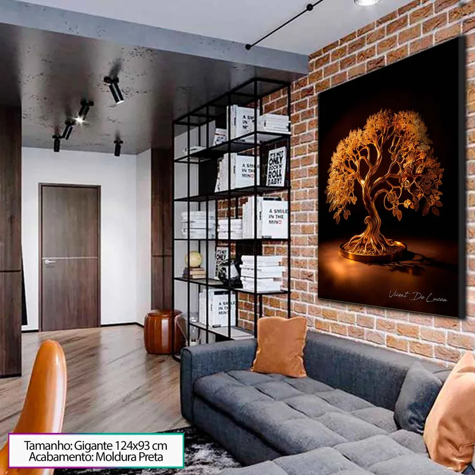 Quadro Árvore da Vida de Ouro com moldura preta na sala